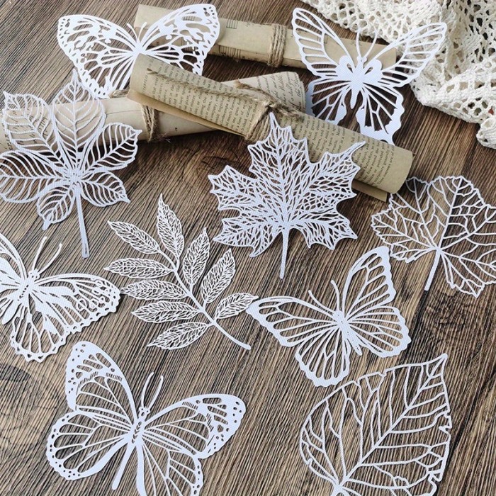 10 Sheets\u002FPack Vintage Butterfly Hollow Textured Paper - Decorative White Lace Paper for Scrapbooking, Photo Frame Album, Hand Account Decoration - Unique Leave Design, White Color, High-Quality Material