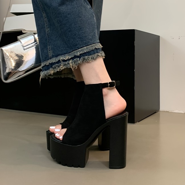 Chic Plus Size Women's Platform Sandals - Open Toe, Ankle Strap with Chunky Heel, Velvet Upper & Faux Cover Lining