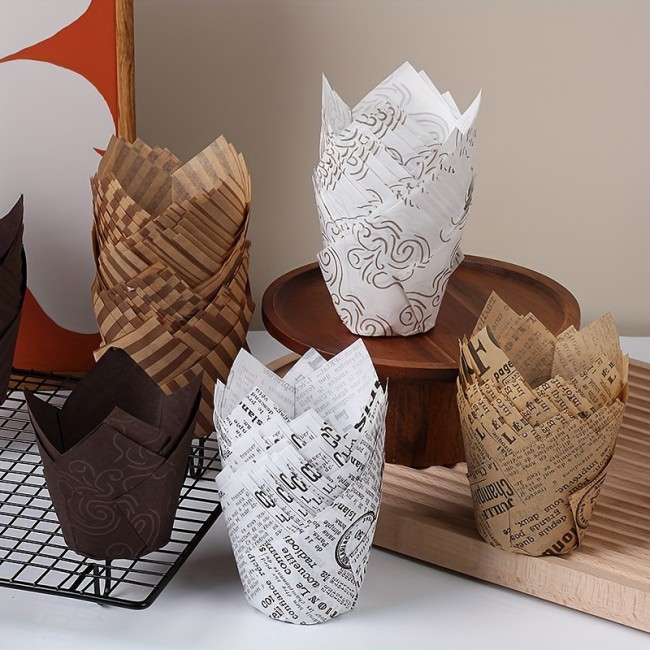 50pcs, Disposable Tulip Muffin Cups, Cloud Stripes Newspaper Pattern Paper Cake Cups, Greaseproof Paper Cupcake Liners, Muffin Molds, Baking Tools, Kitchen Gadgets, Kitchen Accessories