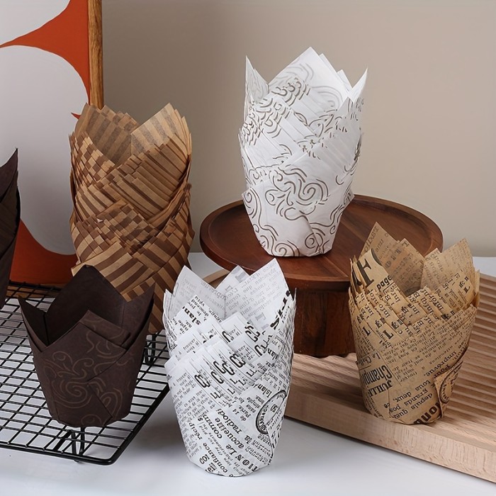 50pcs, Disposable Tulip Muffin Cups, Cloud Stripes Newspaper Pattern Paper Cake Cups, Greaseproof Paper Cupcake Liners, Muffin Molds, Baking Tools, Kitchen Gadgets, Kitchen Accessories