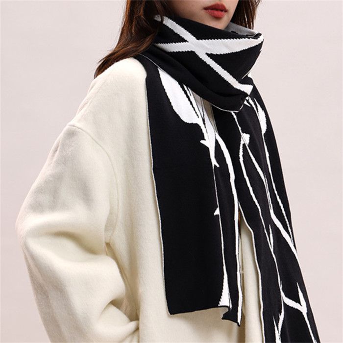 Cozy Rose Thorn Print Knit Scarf for Women - Warm, Elastic Shawl for Winter & Cold Weather