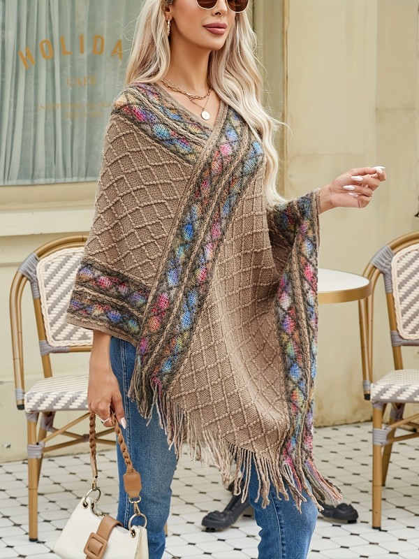 Vintage Chic Geo Pattern Fringe Hem Knit Top - Irregular Shawl Cape Design, V-Neckline, Soft Knit Fabric, Relaxed Fit, Women's Casual Clothing for Everyday Wear