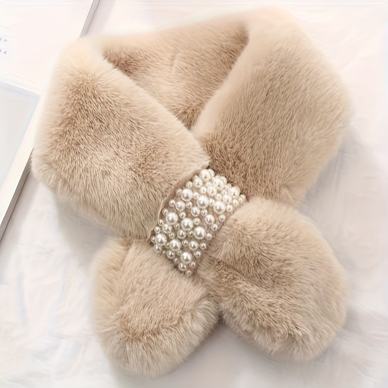 Elegant Faux Pearl Cross Plush Scarf - Warm, Windproof & Stylish Women's Neck Warmer for Winter