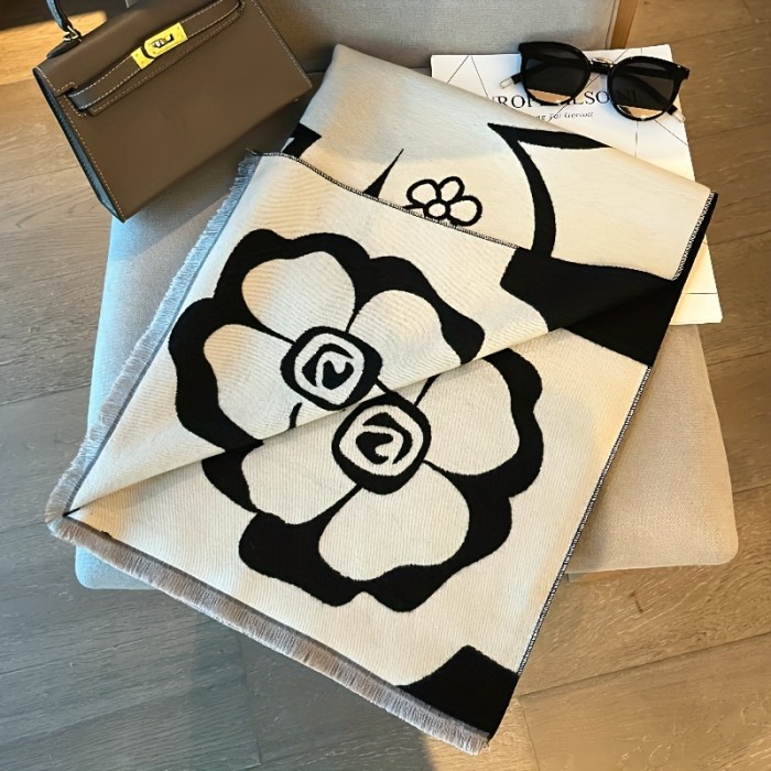 Elegant Camellia Black & White Shawl - Breathable, Warm Polyester Scarf for Women | Perfect for Spring\u002FSummer Fashion