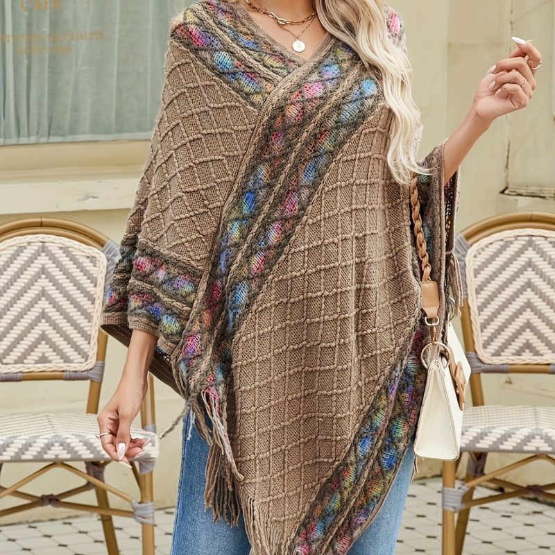 Vintage Chic Geo Pattern Fringe Hem Knit Top - Irregular Shawl Cape Design, V-Neckline, Soft Knit Fabric, Relaxed Fit, Women's Casual Clothing for Everyday Wear