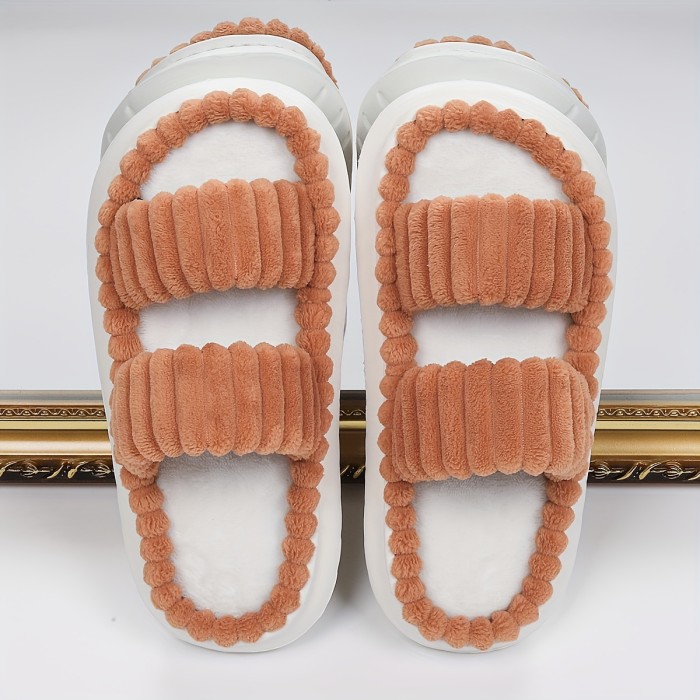 Chic Plush Double-Strap Slippers - Comfy Non-Slip Sole, Open-Toe Design - Stylish Indoor Footwear