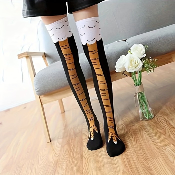 1 Pair Chicken Feet Pattern Over The Knee Socks, Funny Trendy Comfy & Breathable Thigh High Socks, Women's Stockings & Hosiery