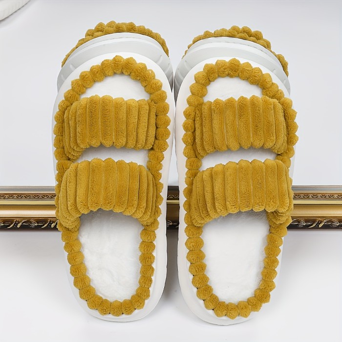Chic Plush Double-Strap Slippers - Comfy Non-Slip Sole, Open-Toe Design - Stylish Indoor Footwear