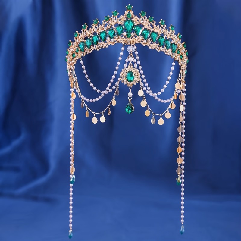 Exotic Wave Headpiece: Ancient Dunhuang and Western Silk Road Costume Accessories - Princess and Knight Themed Zinc Alloy Crown with Tassel Earring for Hanfu Hair Accessories
