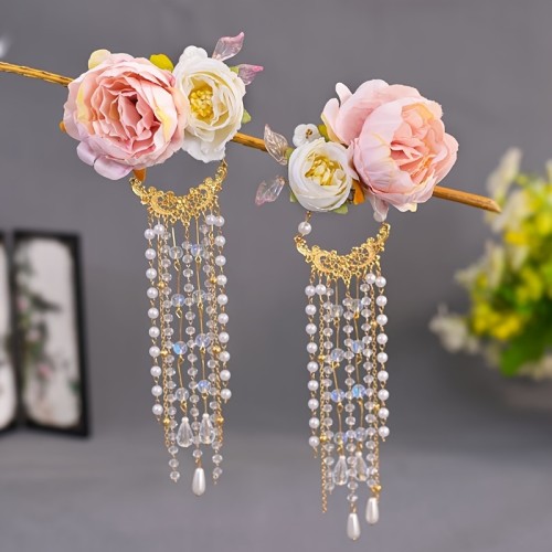 Elegant Fairy Tale-Inspired Hanfu Headpiece Set with Floral Hair Hoop & Tassel Earrings - Vintage Peony Design, Perfect for Weddings & Proms