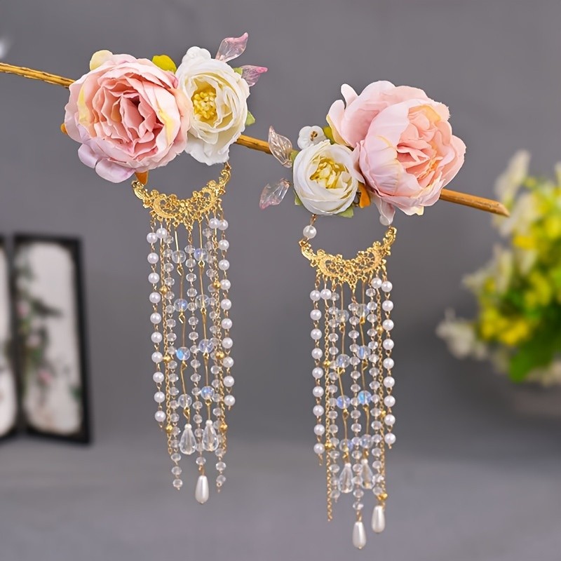 Elegant Fairy Tale-Inspired Hanfu Headpiece Set with Floral Hair Hoop & Tassel Earrings - Vintage Peony Design, Perfect for Weddings & Proms