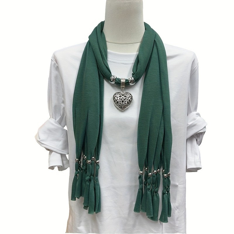 Elegant Bohemian Heart-Shaped Scarf with Tassel Detail, Polyester Knit Shawl for Women, Hand Washable, Casual Outfit Accessory, Solid Color, Non-Stretch, Decorative - Pack of 1
