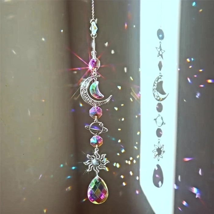 Moon & Sun Wind Chime with Precious Stone Prism Charm - Rainbow Dream Catcher for Home and Garden Decor, Wind Chime, Moon Sun Catcher, Precious Stone Prism, Rainbow, Garden Decoration