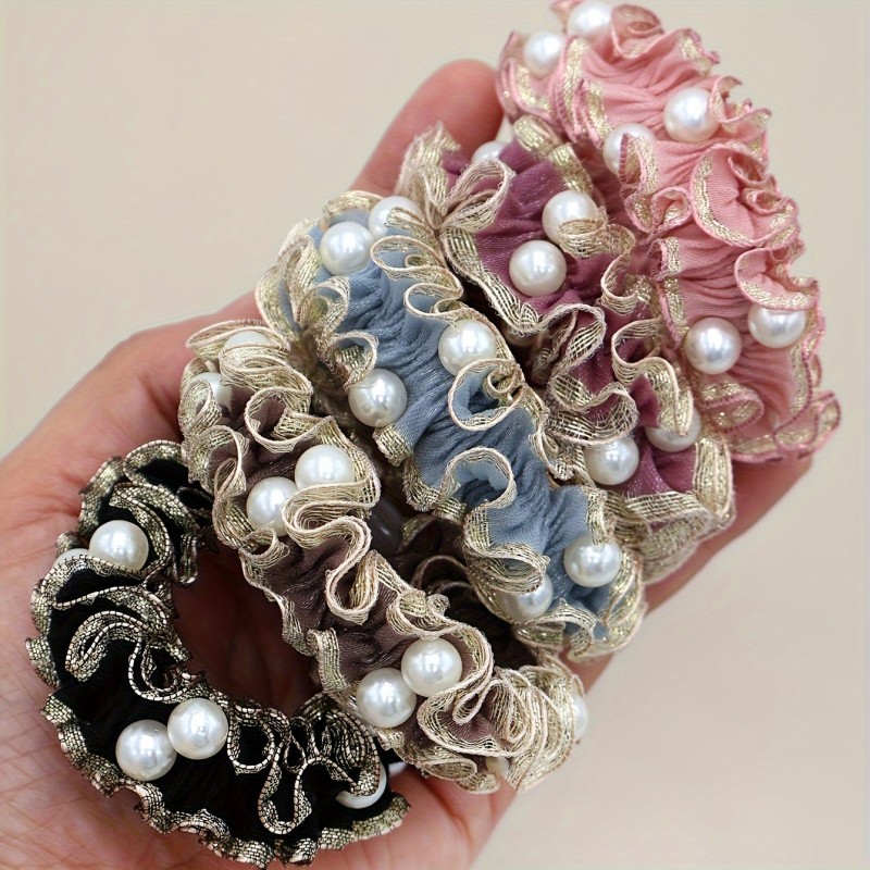 5 Golden Ruffled Hair Hoops Bohemian Hair Ropes Fake Pearl Decoration Hair Hoops Ponytail Hair Ropes Women'S Hair Accessories