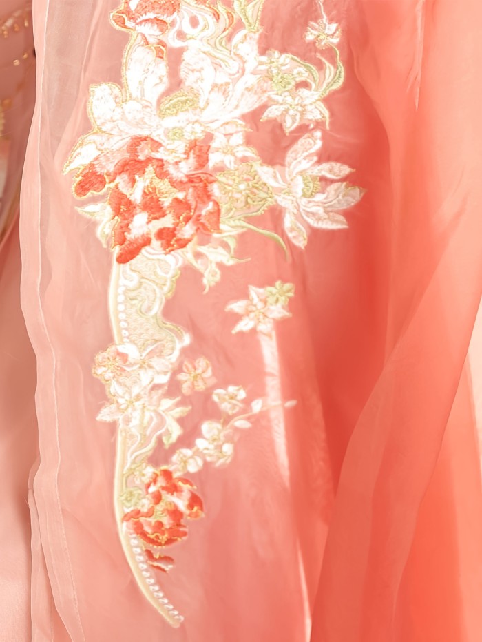 1pc Tang Dynasty Style Hanfu Dress for Women - Floral Embroidery, Long Sleeve, Polyester, Woven, Spring\u002FFall Appropriate, Long Length Gown with Lining