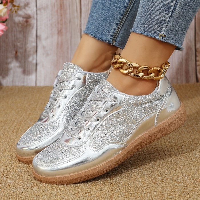 1 Pair Women'S Glitter Sneakers - All-Season Lace-Up Casual Shoes with Plain Toe, Low Top Design, Man-Made Upper & Faux Sole, Fabric Inner, Man-Made Insole - Fashionable 2024 Fall Footwear