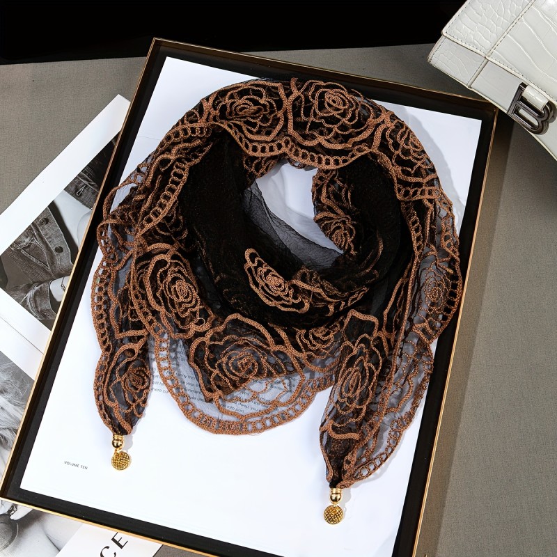 29.52in Tulle Elegant Vintage Square Scarf with Rose Pattern, Lightweight Luxurious Sheer Mesh, Magnetic Buckle Shawl for Women
