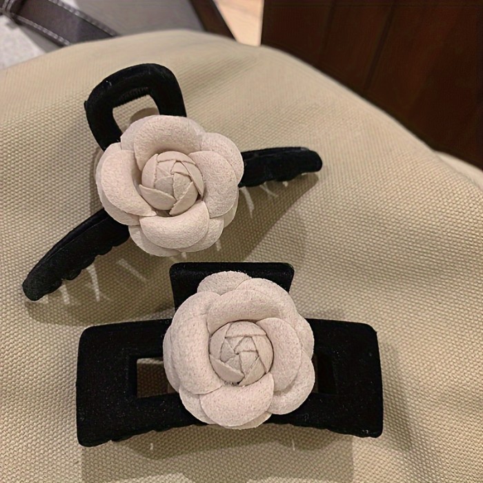 2pcs Velvet Camellia Bow Hair Clips 2pcs Velvet Camellia Bow Hair Clips, Elegant French Style Hair Accessories, Chic Shark Clips for All Hair Types, Lightweight Styling Tools