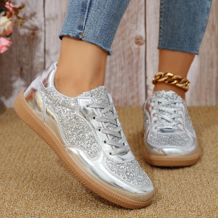1 Pair Women'S Glitter Sneakers - All-Season Lace-Up Casual Shoes with Plain Toe, Low Top Design, Man-Made Upper & Faux Sole, Fabric Inner, Man-Made Insole - Fashionable 2024 Fall Footwear