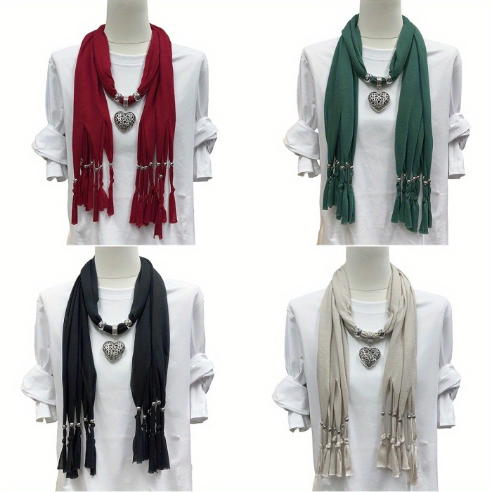 Elegant Bohemian Heart-Shaped Scarf with Tassel Detail, Polyester Knit Shawl for Women, Hand Washable, Casual Outfit Accessory, Solid Color, Non-Stretch, Decorative - Pack of 1