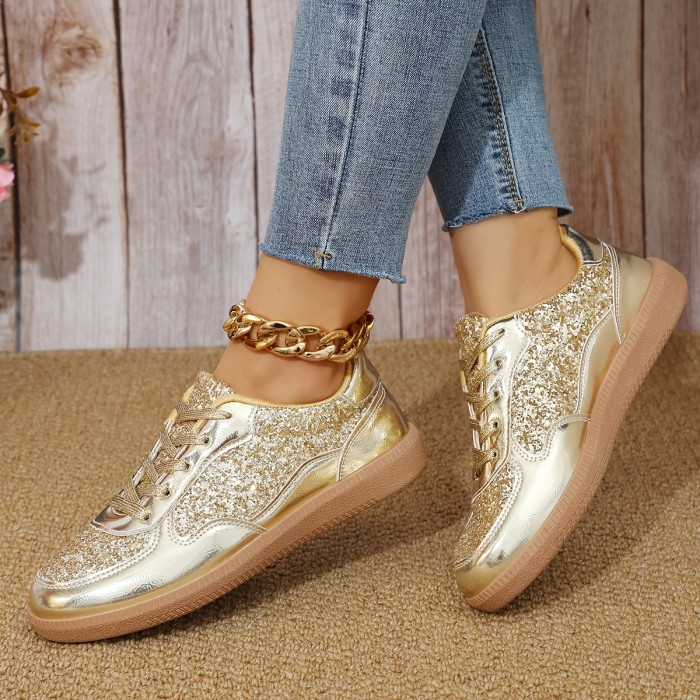 1 Pair Women'S Glitter Sneakers - All-Season Lace-Up Casual Shoes with Plain Toe, Low Top Design, Man-Made Upper & Faux Sole, Fabric Inner, Man-Made Insole - Fashionable 2024 Fall Footwear