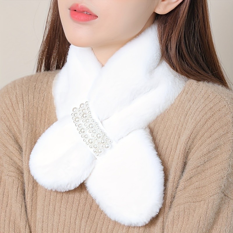 Elegant Faux Pearl Cross Plush Scarf - Warm, Windproof & Stylish Women's Neck Warmer for Winter