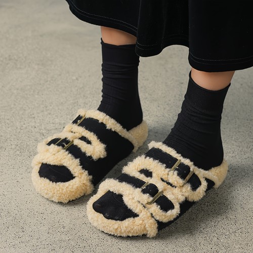 Chic Women's Fuzzy Slippers with Buckle Strap - Thick Sole, Open Toe, Non-Slip Rubber Sole for Indoor\u002FOutdoor Wear