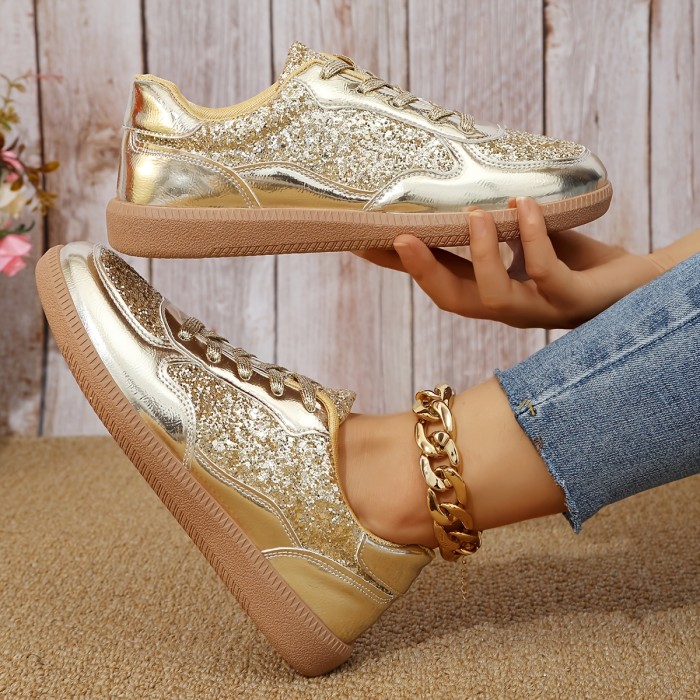 1 Pair Women'S Glitter Sneakers - All-Season Lace-Up Casual Shoes with Plain Toe, Low Top Design, Man-Made Upper & Faux Sole, Fabric Inner, Man-Made Insole - Fashionable 2024 Fall Footwear