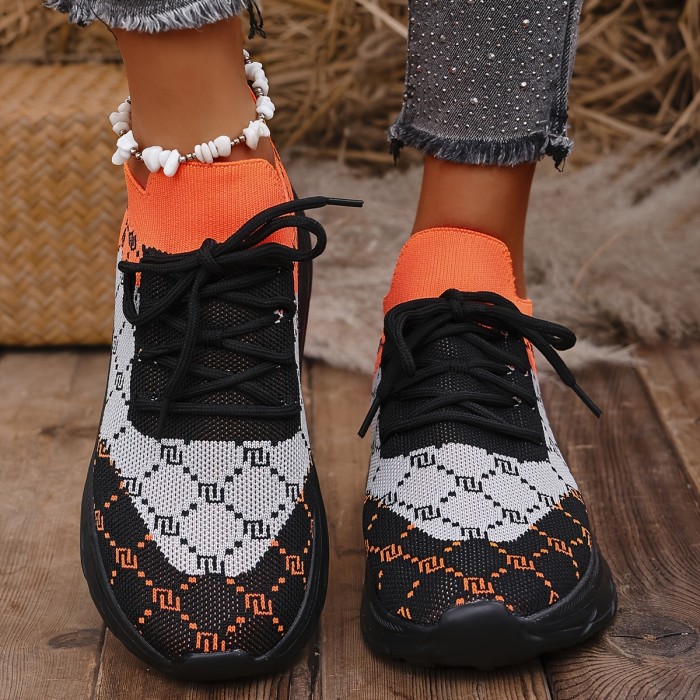 Women's Fashion Casual Sneakers - Lightweight, Breathable Knit with Diamond Pattern, Lace-Up Low Tops for All Seasons