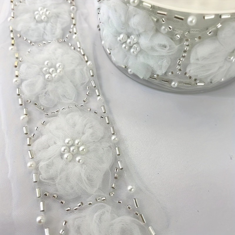 1 Yard Elegant Beaded Lace Trim - 3D Floral Applique for Wedding Dresses & Crafts, Sewing and Knitting Supplies