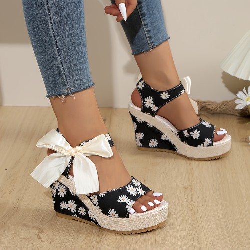 Chic Women's Floral Wedge Sandals with Open Toe & Side Lace-Up Design - Comfortable Mid-Heel, Breathable Fabric