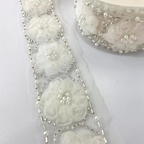 1 Yard Elegant Beaded Lace Trim - 3D Floral Applique for Wedding Dresses & Crafts, Sewing and Knitting Supplies