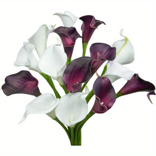 12pcs Artificial Calla Lily Flower, Wedding, Engagement And Home Decor, Faux DIY Bridal Bouquet, Wedding Centerpiece, Outdoor Patio Decor, Home Decor, Thanksgiving, Halloween, Graduation Decor, White And Deep Purple