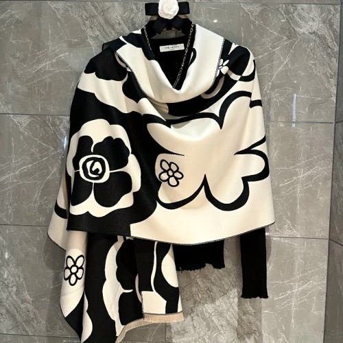 Elegant Camellia Black & White Shawl - Breathable, Warm Polyester Scarf for Women | Perfect for Spring\u002FSummer Fashion