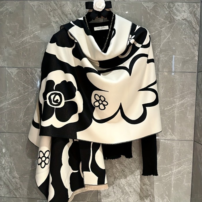 Elegant Camellia Black & White Shawl - Breathable, Warm Polyester Scarf for Women | Perfect for Spring\u002FSummer Fashion