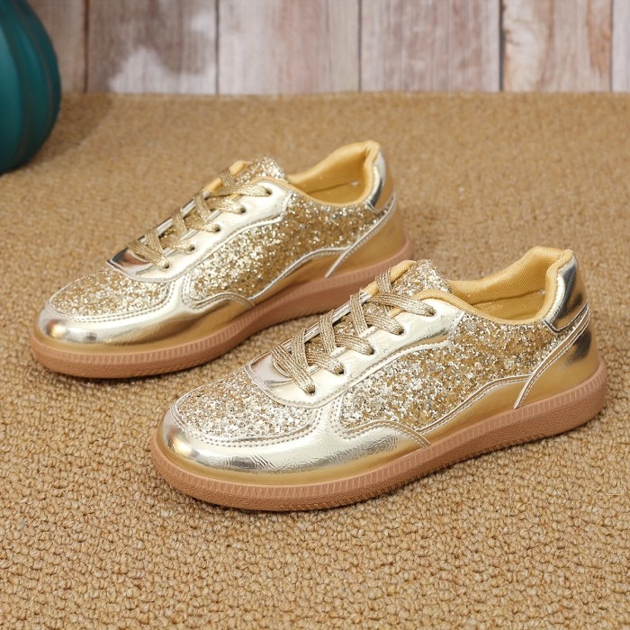 1 Pair Women'S Glitter Sneakers - All-Season Lace-Up Casual Shoes with Plain Toe, Low Top Design, Man-Made Upper & Faux Sole, Fabric Inner, Man-Made Insole - Fashionable 2024 Fall Footwear