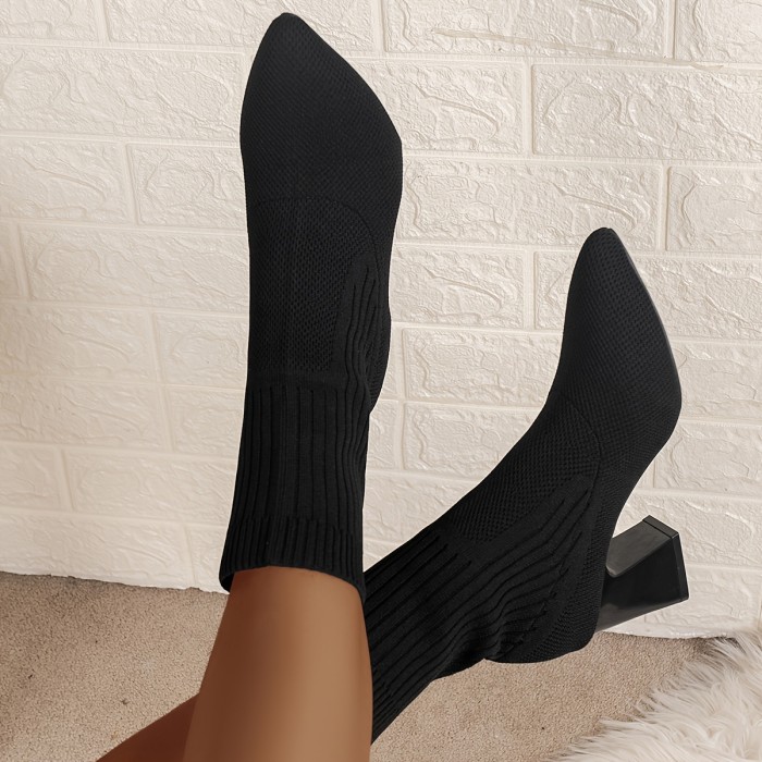 Womens High Heel Chunky Block Chelsea Boots - Comfy Slip-On Breathable Fabric Boots with Elasticized Pointed Toe and Rubber Sole for Comfort - All-Season Wear