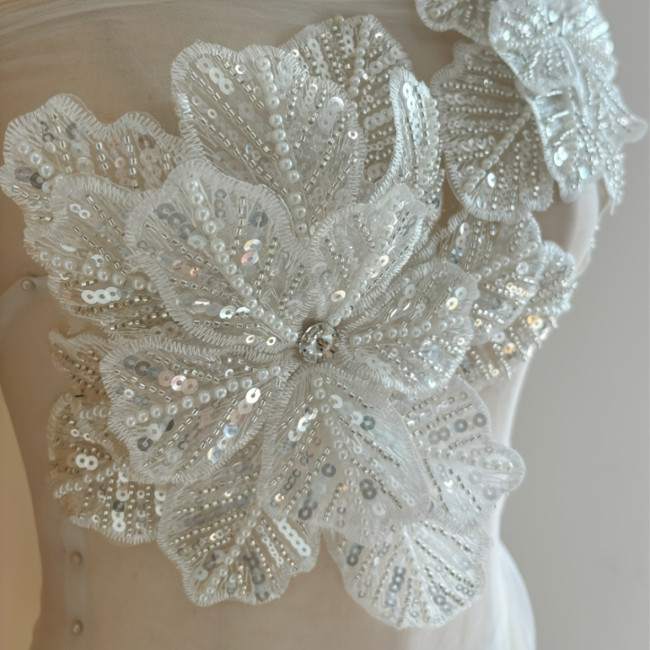 By the Yard Floral Lace Applique Fabric, Polyester, Flower Pattern, Machine Washable, Pre-Cut Embellished Dress Fabric Trim for Wedding Gowns, Dance Costumes, and Performance Outfits