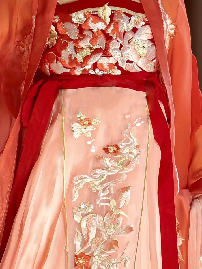 1pc Tang Dynasty Style Hanfu Dress for Women - Floral Embroidery, Long Sleeve, Polyester, Woven, Spring\u002FFall Appropriate, Long Length Gown with Lining