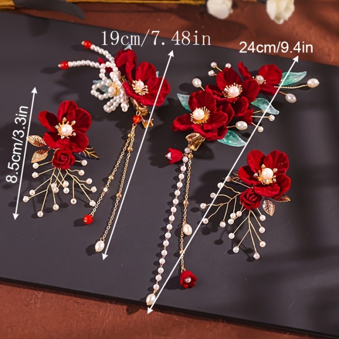 Traditional Chinese Red Flower Hair Clip Set, Hanfu Bridal Headpiec, Vintage Style, Simple Versatile Festive Floral Hair Accessory Set