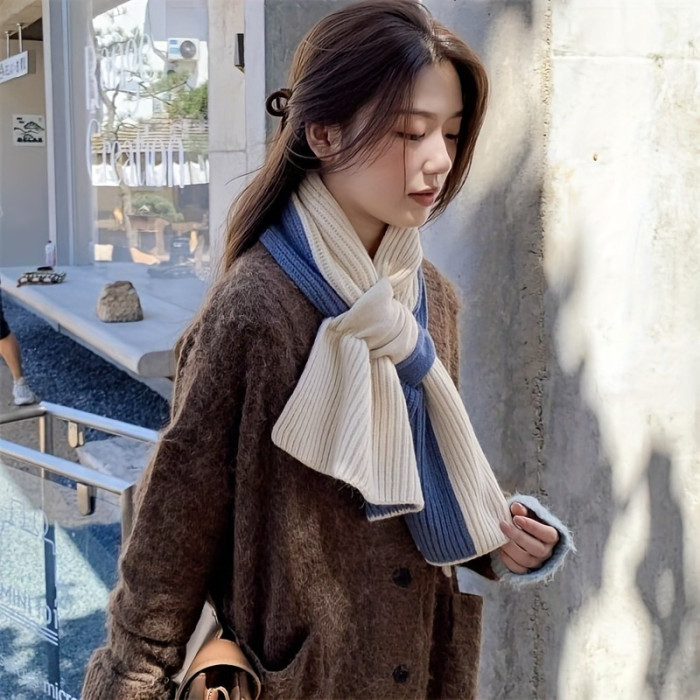 Elegant Knitted Polyester Scarf for Women - Cross-Neck Design, Elastic, Decorative, Warm, Windproof, Suitable for Outdoor Use