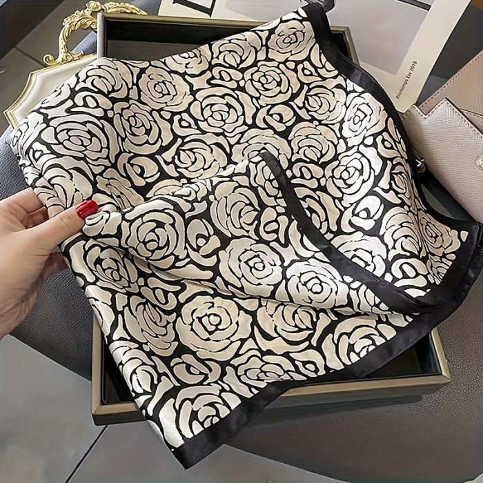 27.55 inch black and white rose print square scarf, vintage style thin silk neck scarf, spring outdoor sun protection bandana for women