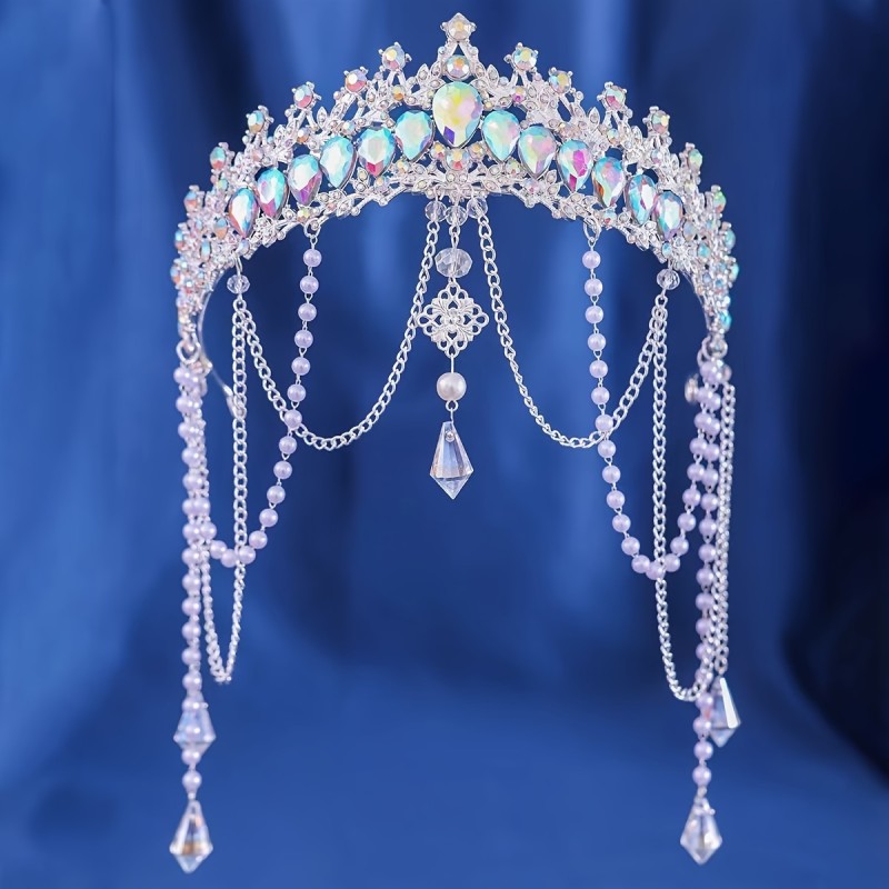 Exotic Wave Headpiece: Ancient Dunhuang and Western Silk Road Costume Accessories - Princess and Knight Themed Zinc Alloy Crown with Tassel Earring for Hanfu Hair Accessories