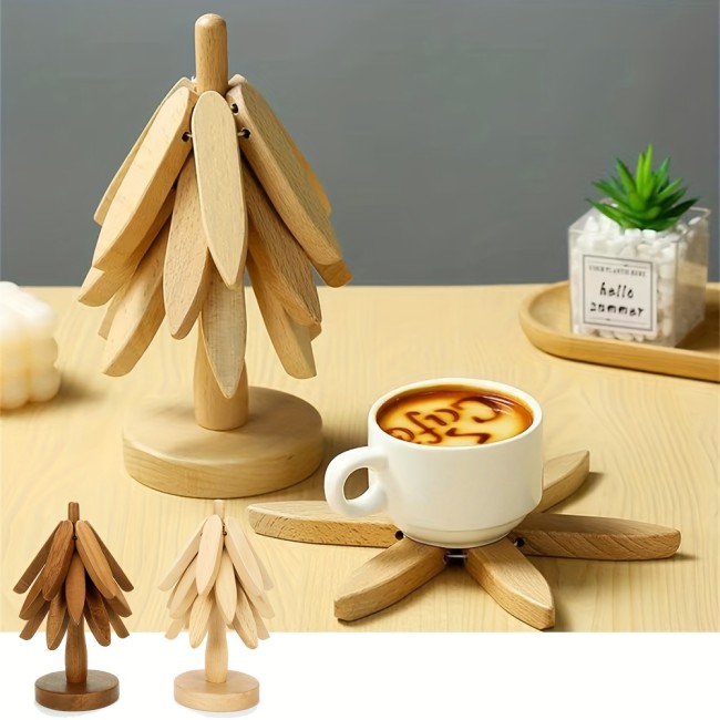1pc Wooden Tree Design Trivet - Decorative Anti-Scald Heat Resistant Coaster, Stackable Placemat for Christmas, Halloween, Thanksgiving - Durable Wood Table Mat Pot Holder