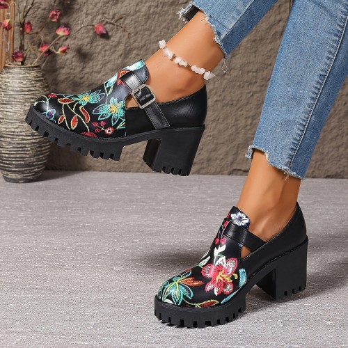 Elegant Floral Embroidered Pumps for Women, High Block Heel Dress Shoes, Man-Made Upper, Fabric Inner, PU Sole, Fabric Insole, with Hand Washable, for All-Season High Heel Footwear, North America & European Special from Huizhou
