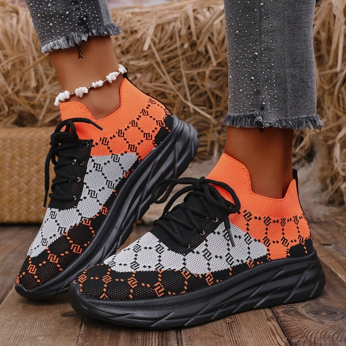 Women's Fashion Casual Sneakers - Lightweight, Breathable Knit with Diamond Pattern, Lace-Up Low Tops for All Seasons