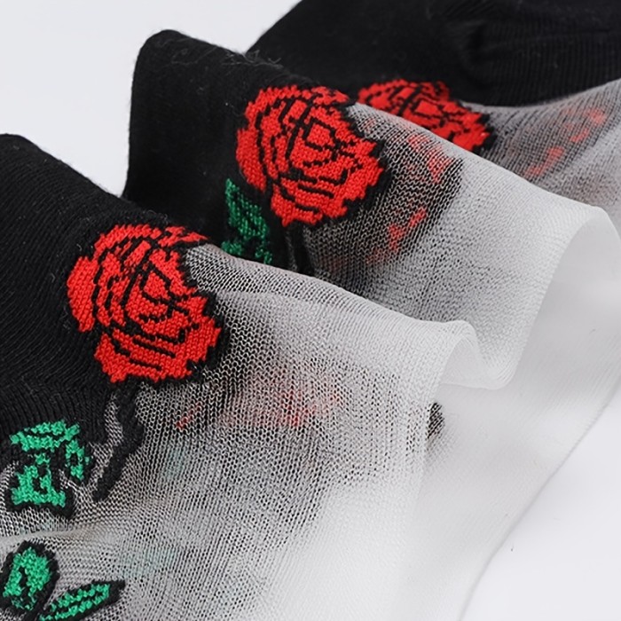 5 Pairs of Vibrant Mesh Floral Print Mid Tube Socks - Breathable, Soft, and Stretchy Women's Stockings with Crystal Glass Accents - Perfect for Daily Wear, Party, or Formal Occasions