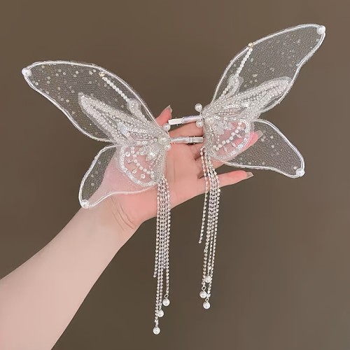 Charming, Elegant Butterfly Wing Hair Clip with Faux Pearl Tassel - Non-Slip Alloy Bridal Accessory for Women