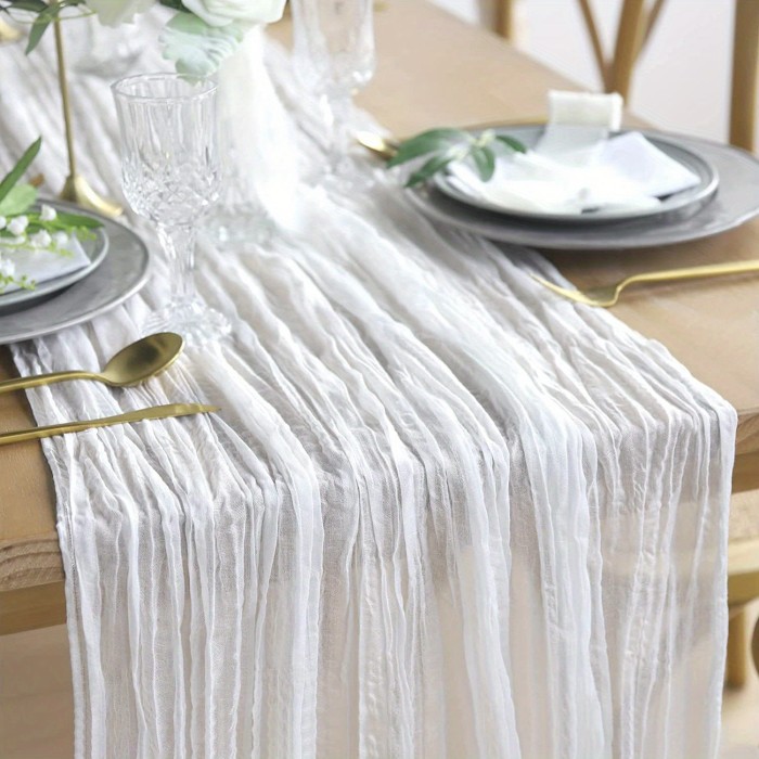 1\u002F6pcs, Rustic Bohemian Cheesecloth Table Runner - Polyester Striped Rectangle Woven Decor with Lacey Texture for Christmas Wedding Bridal Shower Holiday Party Decoration