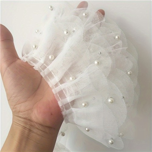 1 Yard 6.5CM Wide Sparkling White 3D Lace Bridal Appliques with Glitter Beads Ruffle Decor - Luxurious Wedding Dress Embellishment for Clothing Sewing Supplies - Perfect for DIY Craft Projects and Wedding Decorations